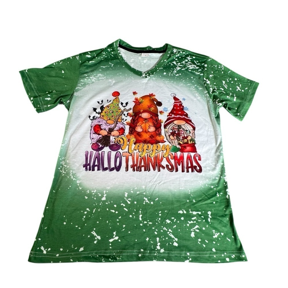 Happy HalloThanksMas Shirt Women’s S Gnome V-Neck Holiday Fall Christmas Tee